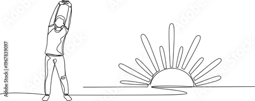 Man stretching arms up high outdoors.