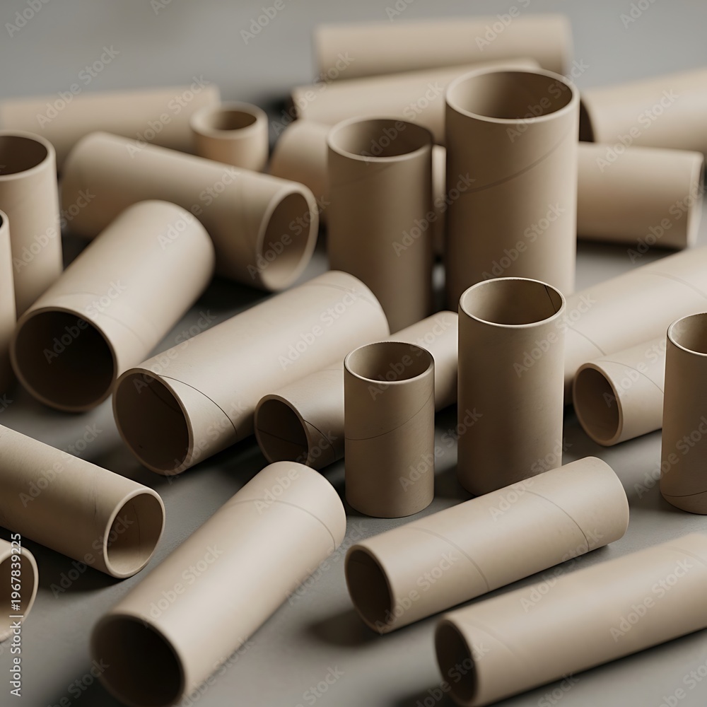 Fototapeta premium Scattered array of cardboard tubes, cylindrical shapes on neutral surface