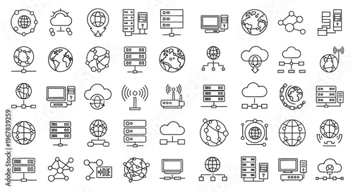 Collection of network server and cloud computing related line icons