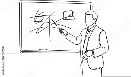 Businessman presenting on whiteboard chart.