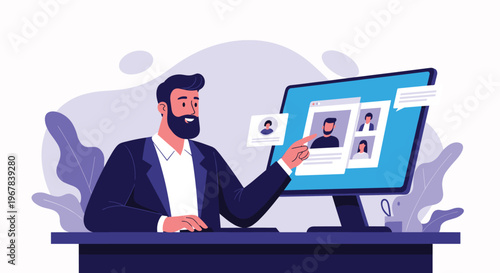 Human resources manager sitting at a computer and reviewing candidate profiles for a job opening in an office.