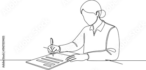 Woman signing a document with pen.