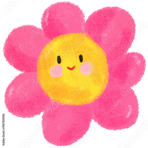 Cute pink flower with smile face kids drawing for design element, sticker, kids book, birthday, etc.