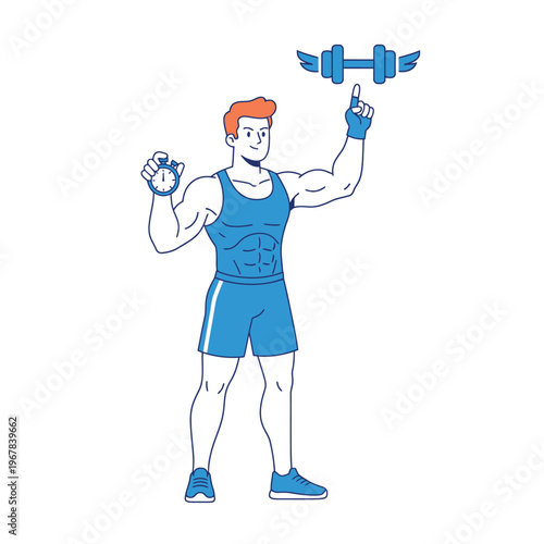 Fit Man Holding Stopwatch and Pointing at Dumbbell.