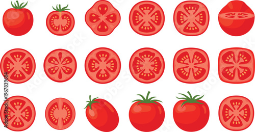 Tomato slices and whole tomatoes flat vector set. Fresh red tomato cross sections and top views. Food illustration collection for cooking, recipes, and grocery design.