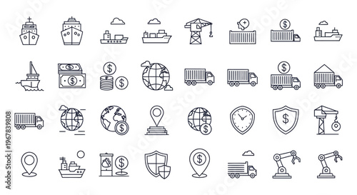 Line art icons depicting global shipping logistics and international trade