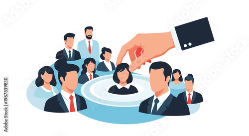 Large hand selecting a female candidate from a diverse group of professionals to represent the human resources and hiring process.