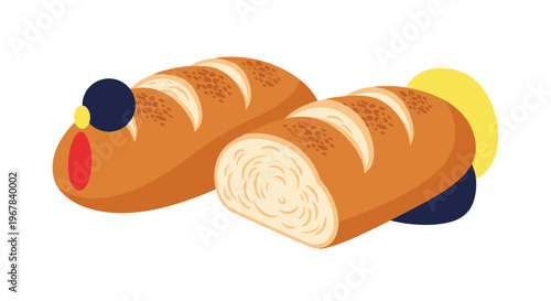 Delicious crusty loaves of freshly baked artisanal bread displayed with colorful geometric accents on a white background for a bakery.