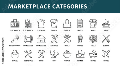 Line icons representing various marketplace categories and product types