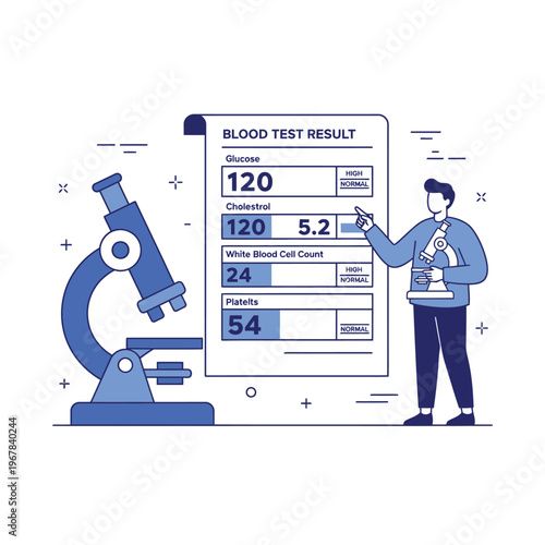 Doctor Analyzing Blood Test Results with Microscope and Chart.