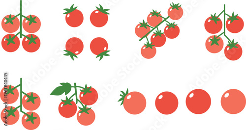Cherry tomato flat vector set with clusters and single fruits. Different arrangements of fresh red tomatoes. Organic food illustration for cooking and grocery design.