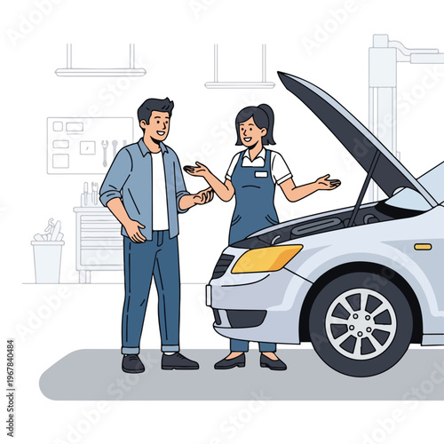 Cartoon vector illustration showing a man working as a car mechanic changing tires and wheels of a vehicle to help drivers achieve success in business