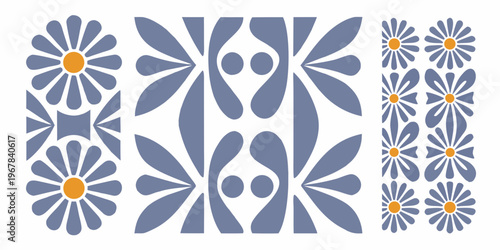 Stylized floral pattern with blue and gold elements in symmetrical arrangement