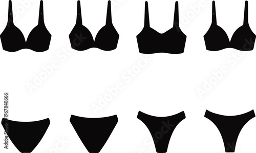 Silhouette of various green lingerie sets on transparent background