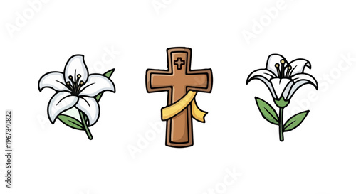 Easter Lilies and Christian Cross Icon Set