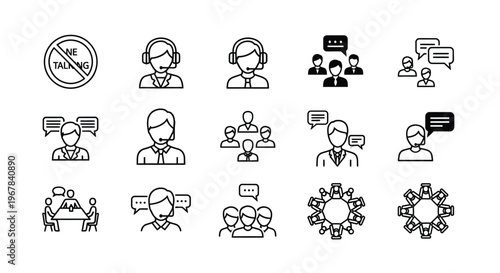 Collection of black and white line icons depicting customer service and communication