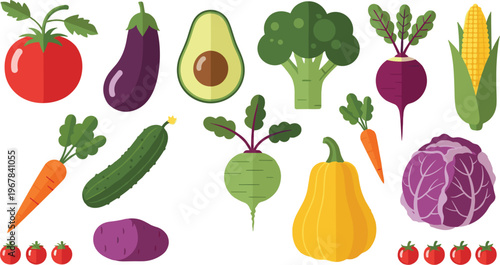 Vegetable vector set with fresh organic produce. Tomato, eggplant, avocado, broccoli, carrot, corn, cabbage, and more. Healthy food illustration for cooking and grocery design.