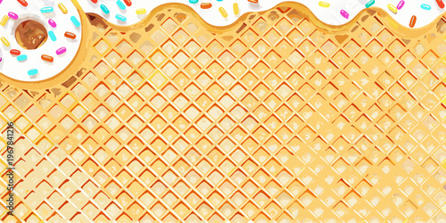 Close up of a waffle cone with colorful sprinkles and a donut