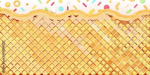 A colorful illustrated ice cream cone with sprinkles and a waffle pattern