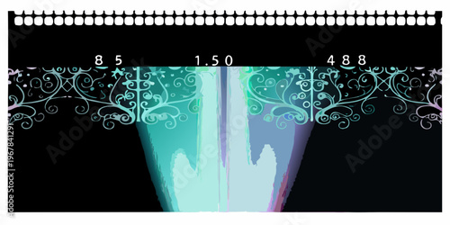 Abstract turquoise and black design with ornamental patterns and numeric indicators