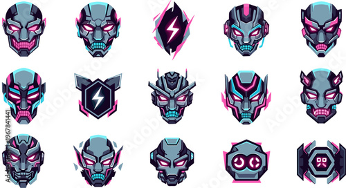 Futuristic Cyberpunk Mask Icon Set Featuring Neon Robot Faces, Sci Fi Characters, Tech Skulls and Gaming Avatars Esports Vector Illustration Collection
