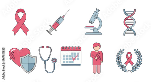 Breast Cancer Awareness Icons: Ribbon, Heart, Shield, Syringe, Microscope, DNA, Calendar, Patient