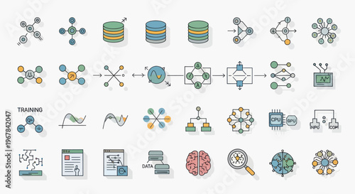 Machine Learning Icons: Neural Networks, Data, Algorithms, AI & Computing