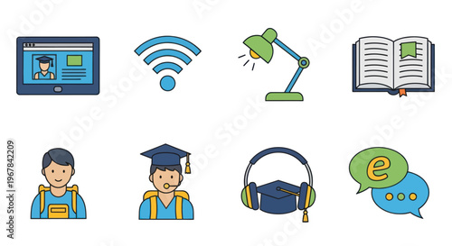 Online Education Icons: E-learning, Study, Technology, Knowledge, Student