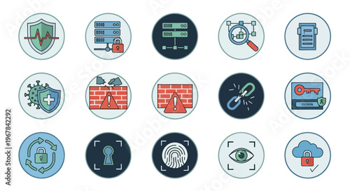 Cyber Security Icons Set: Data Protection, Network Security, Firewall, Privacy