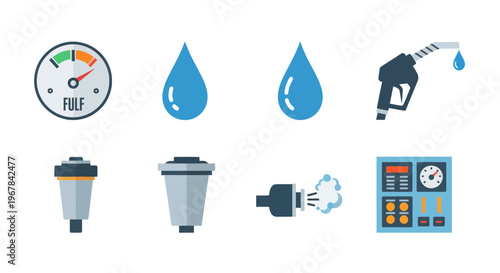 Fuel and Energy Icons: Gauge, Drops, Nozzle, Filter, Engine, Control Panel
