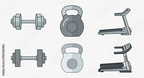 Fitness Equipment Icons: Dumbbells, Kettlebells, Treadmills - Gym Workout Set