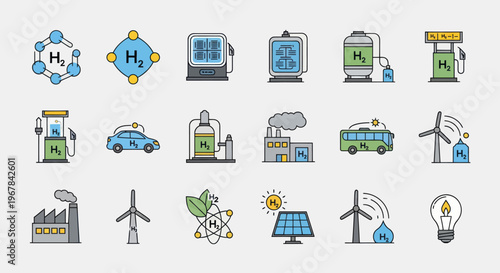 Hydrogen Energy Icons: Fuel Stations, Vehicles, Power Generation & Industry