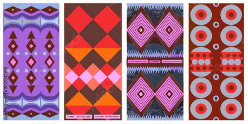 Four vertically oriented panels with bold geometric patterns and color blocking