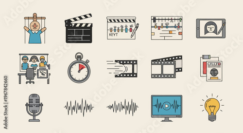 Video Production Icons: Filmmaking, Editing, Animation, Audio, Ideas