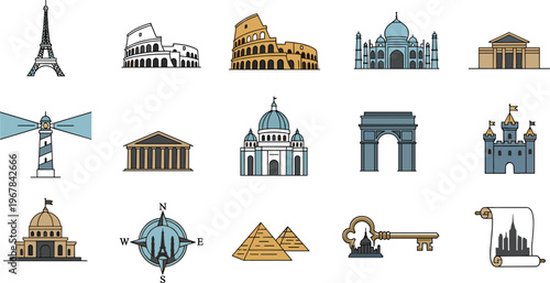 World Landmarks Icon Set Featuring Eiffel Tower, Colosseum, Taj Mahal, Pyramids, Arc de Triomphe and Famous Architecture Travel Vector Collection