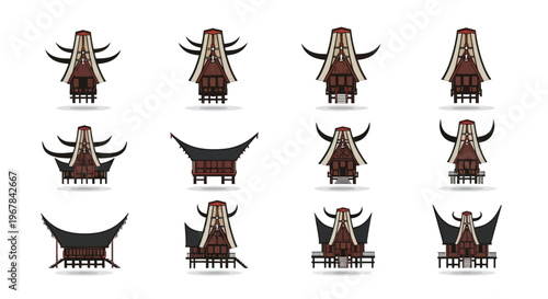 Traditional Torajan Houses Collection, Indonesian Architecture, Vector Art