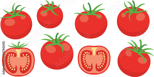 Tomato flat vector set with whole and cut fruits. Fresh red tomatoes with seeds and slices. Simple organic food illustration for cooking and grocery design.