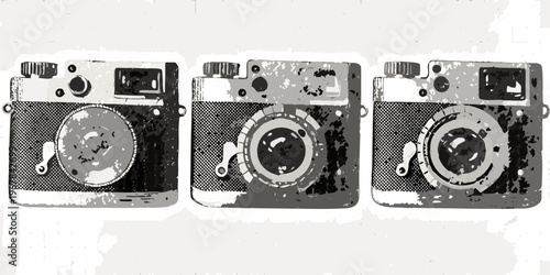 Three vintage rangefinder cameras illustrated in a grayscale sketch style