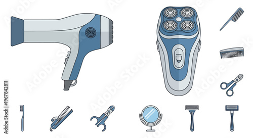 Grooming and Styling Tools Set: Hair Dryer, Electric Shaver, Scissors, Comb, Mirror