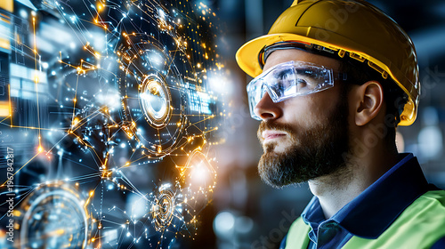 Innovative worker wearing safety gear, observing digital interface with data visualization and technology elements, showcasing modern industry