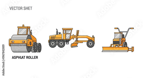 Yellow Construction Vehicles: Asphalt Roller, Grader, and Compactor Vector Illustration
