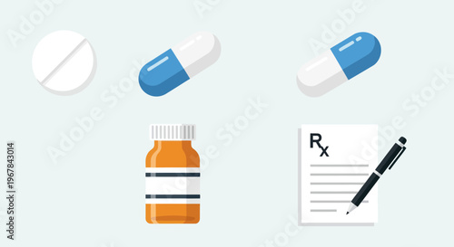 Medical Icons: Pill, Capsules, Prescription Bottle, and Rx Form with Pen