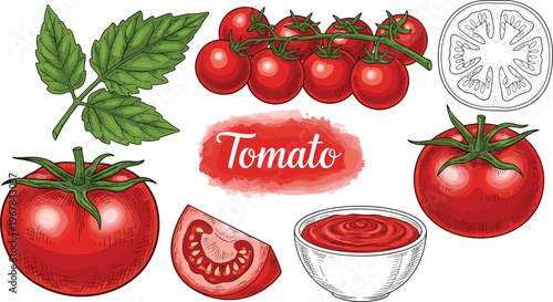 Tomato vector set with fresh fruits and slices. Cherry tomatoes, leaves, and sauce bowl included. Organic food illustration for cooking, grocery, and kitchen design.