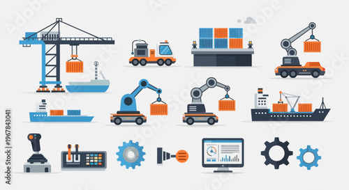 Industrial Port Logistics Icons: Cranes, Ships, Containers, Trucks, Robots, Technology