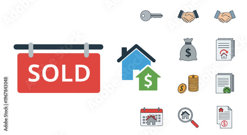 Real Estate Sold Icons: House, Key, Money, Handshake, Calendar, Contract, Magnifying Glass