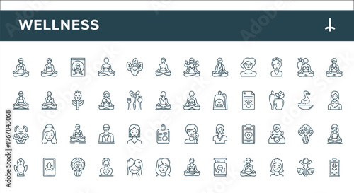 Collection of wellness icons depicting meditation self care and healthy living