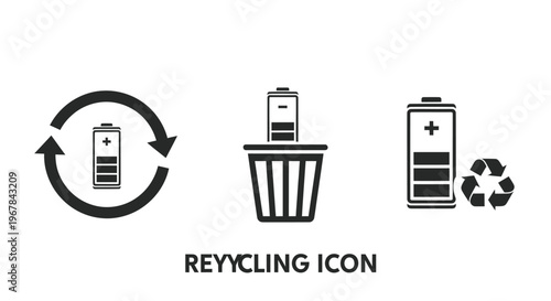 Battery Recycling Icons: Recycle Symbol, Trash Can, and Battery