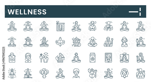Collection of wellness icons depicting meditation self care and healthy living