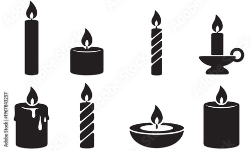 Candle Icons Set Collection, Burning Wax Candle and Light Flame Symbols Black Silhouette Vector Illustration
