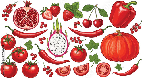 Red fruits and vegetables vector set. Tomato, pepper, pumpkin, cherry, strawberry, and pomegranate collection. Fresh organic food illustration for cooking and grocery design.